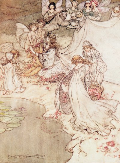 Illustration pour un conte de fées, la reine des fées couvrant un enfant de fleurs - Arthur Rackham